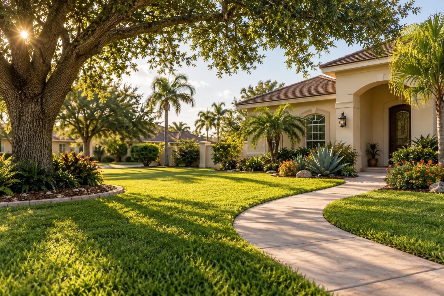 Sunlit residential lawn with a curved path and native garden, illustrative image